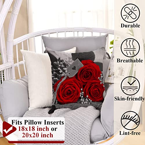 Ukzmn Red Flower Throw Pillows Covers 18X18 Set Of 4 Red Rose Black Gray Decorative Pillow Covers For Couch Bed Square Flower Pillow Cover Linen Farmhouse Pillow Cases Spring Summer (Red) #TOP5