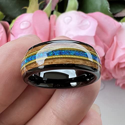 8mm Tungsten Rings for Men Women Engagement Wedding Bands Whisky Barrel Wood Guitar String Blue Opal Inlay Domed Polished Comfort Fit3