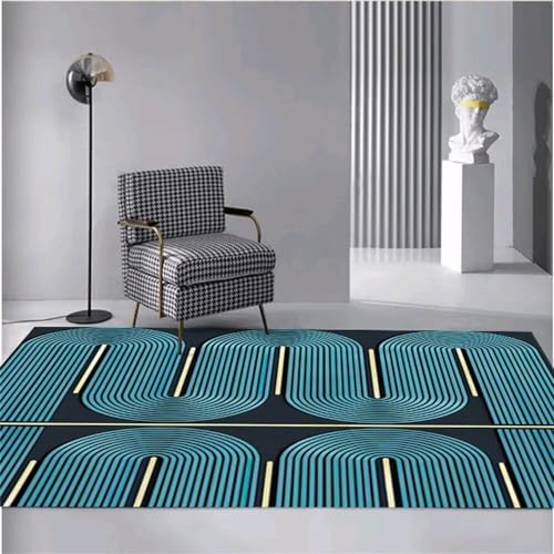 Tapis de sol enfant bleu 160x200cm lavable à motif rayé illusion