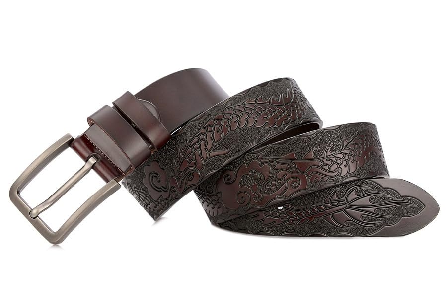 Men's Genuine Leather Belt Vintage Dragon Engraved Strap Single Prong Buckle Adjustable Dress & Casual Belt For Jeans3