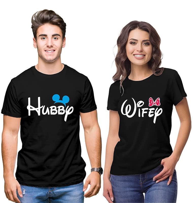 COUPLESTUFF.INMen's & Women's Round Neck T-Shirt-Hubby Wifey-Pack of 2-Couple T-Shirts