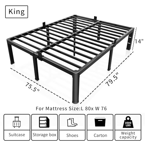ROIL 14 inch King Size Bed Frame Metal Platform No Box Spring Needed with Headboard Hole Round Corner Legs Mattress Stoppers Retainers 3500LBS Heavy Duty Steel Slats Noise-Free