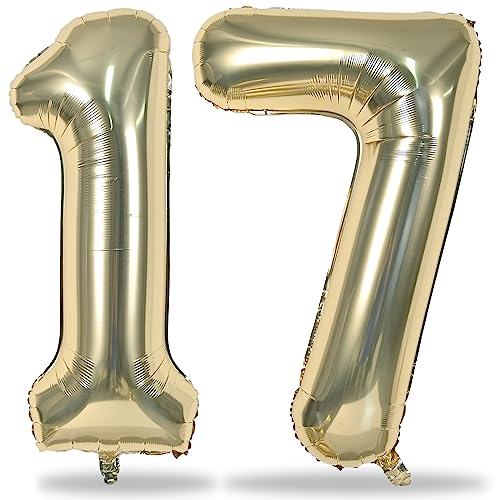 Champagne Gold Number 17 Foil Balloons 40 Inch Giant Gold 17th Birthday Balloons for Boys Girls Light Gold Number 1 & 7 Helium Balloon for Women Men 17th Anniversary Party Decorations Supplies