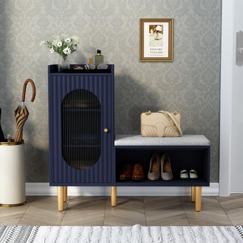 Image of HLR Storage Bench with Glass Door&Shelf, Modern Entryway Shoe Cabinet Bench with Padded Seat, Blue L-Shaped Storage Cabinet for Hallway, Bedroom, Living Room, Office
