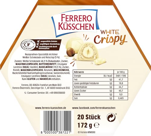 Ferrero Küsschen White Crispy – Knackig geröstete Haselnuss in heller Creme, umhüllt von weißer Schokolade und knusprigen Crispies – 1 Packung à 20 Einzelpralinen
