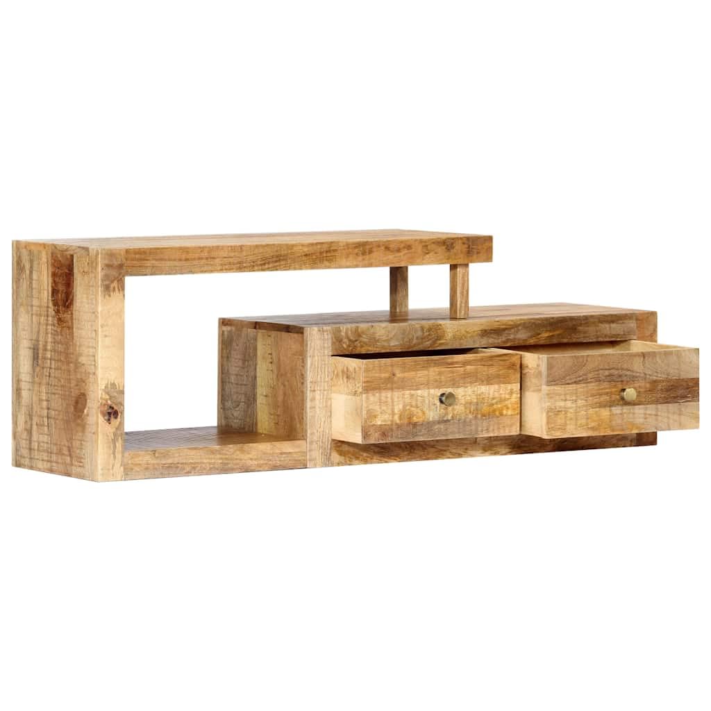 Meuble TV Bois Massif de Manguier 120 cm, Télévision Moderne avec 2 Tiroirs, Meuble de Salon Élégant et Pratique pour Rangement, Livré Assemblé et Prêt à l'emploi