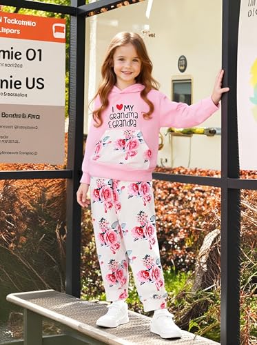 Image of 2PC Girls Clothes Girl letter and Floral print Hooded Set, letter print Top +Floral print Pants Set