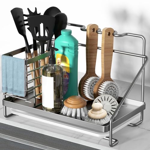Sponge Holder for Kitchen Sink, Kitchen Sink Caddy Organizer Stainless Steel with Side Baskets, Rustproof and Non-Slip Organizer with Removable Drain Tray for Countertop Storage, Silver