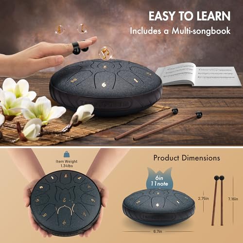 CAHAYA Steel Tongue Drum 6-Inch: 11 Notes Rain Drum Steel Percussion Hand Tongue Drums with Music Score Drums Mallets Finger Paddles and Carry Bag for Kids Gift Musical Education Meditation Navy Blue - Image 4