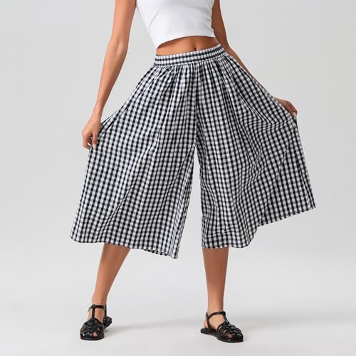 Felcia Women's Y2k Plaid Capri Culottes Elastic Waistband Wide Leg Loose Casual Pull On Trousers with Side Pocket (A-Black, S) - Image 3