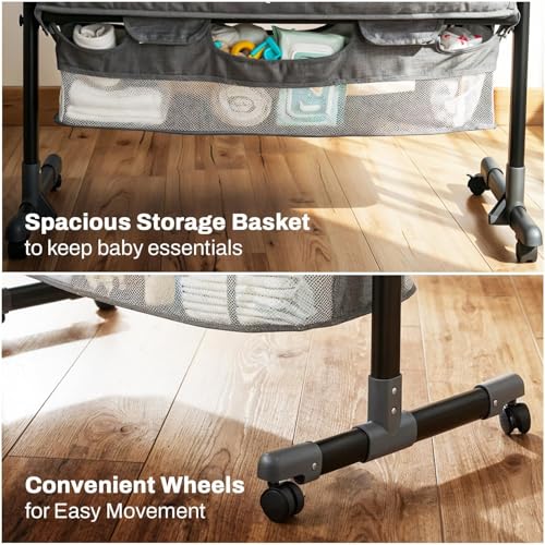 Image of BAYBEE Astro Bedside Crib Cradle for Baby | Bassinet for New Born with 2 Height Adjustable Modes & 360 Wheels | Babies Cot with Mosquito Net & Storage | Baby Cribs & Cots for 0 to 2 Years (Grey)