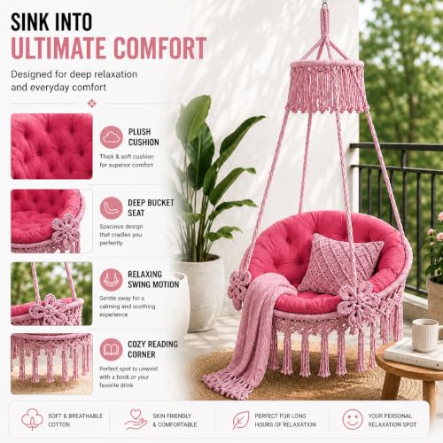 Image of Premium King Size Hammock Chair Swing with Cushion, 200kg Capacity | Indoor Outdoor Heavy Duty Adults & Kids Hanging Jhula for Home, Garden, Patio & Balcony | 1 Year Warranty (Pink)