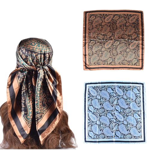 GoldenLife 35” Large Square Satin Head Scarf - 2Pcs Satin Hair Scarf Silk Bandana Head Wraps For Women