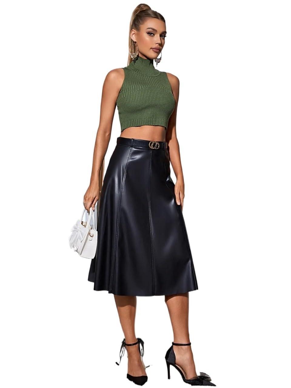 Gonna Pelle，Gonna Pelle Donna Gonna svasata in pelle PU da donna Gonna longuette solida a vita alta retrò Elegante gonna chic da donna con cintura