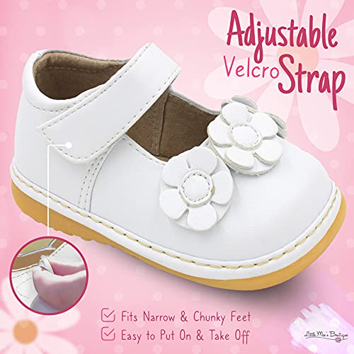 Little Mae's Boutique Mary Jane White Three Flower Squeaky Shoes For Toddler Girls, Ideal Toddler Walking Shoes With Removable Squeaker And Adjustable Strap - Flexible Sole Baby Shoes (5) #TOP3