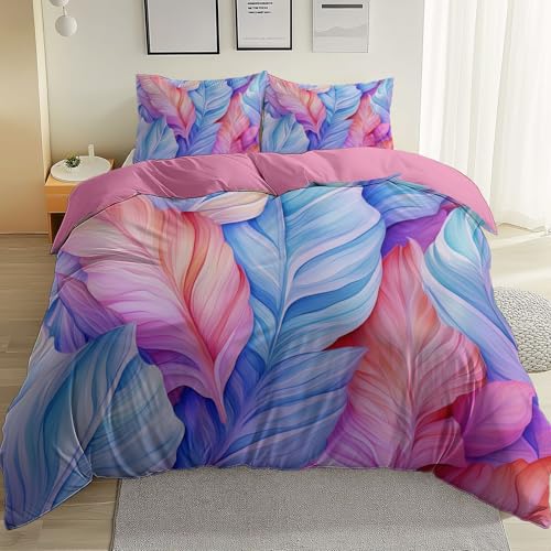 Funda Nordica Cama 150 220 x 260 cm, Acuarela fantasía follaje Tropical 100% Microfibra Suave Flor de Cerezo Rosa Ropa Cama con Estampado Moderno - Concealed Zip, Corner Belt Design