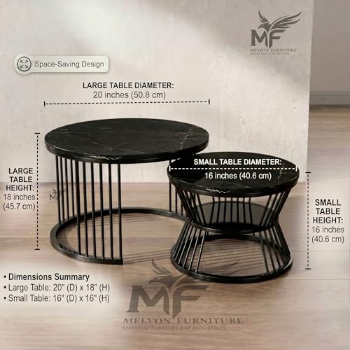 Image of MELVON Lightweight Nesting Coffee Table Set of 2, Full Black Metal Frame with Black Marble Look Top, Round Center & Side Tables for Living Room