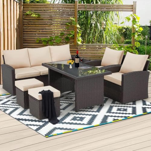 Image of DEVOKO Outdoor Patio Sectional Sofa Couch, Wicker Furniture Conversation Sets And Ottomans With Washable Cushions & Center Table For Garden, Poolside (Dark Brown And Cream, 7-Person Sofa)