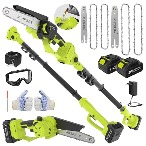 2 en 1 podadora de cadena mini cortasetos, 6'&8', 6,73 pies mango telescópico podadora de batería, batería de 2x4,0Ah, alimentación automática de aceite, ajuste sin herramientas, podadora para