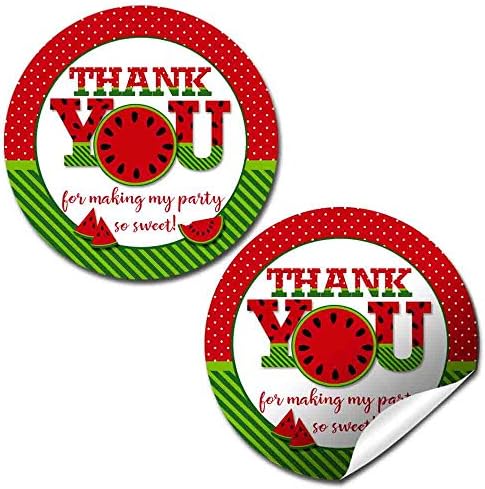 Red Watermelon Birthday Party Thank You Sticker Labels, 40 2" Party Circle Stickers by AmandaCreation, Great for Party Favors, Envelope Seals & Goodie Bags