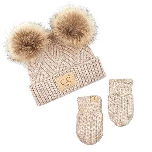 Image of Funky Junque Baby Pom Beanie & Fleece Mittens Set - Warm Winter Essentials - Spring Colors, Classic Neutrals, Pattern Styles