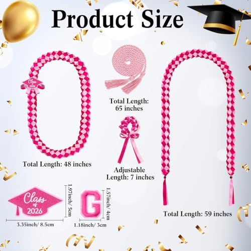 Canlierr 17 Pcs Graduation Leis Cord Set Class of 2026 Grad Ribbon Money Lei Braided Necklace Graduation Gift for Men Women Party Supplies(Pink Hot Pink) by Canlierr - Used condition - Image 2