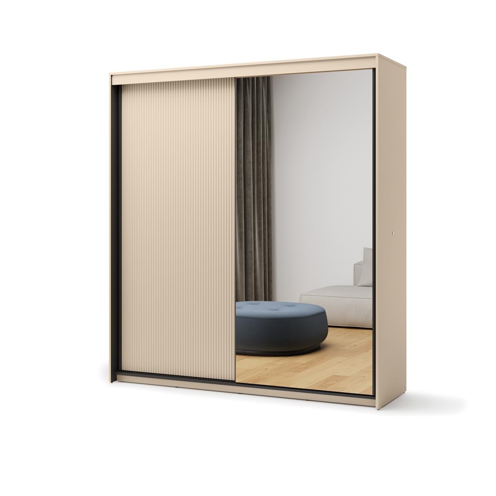 Duża szafa na ubrania TS-01 z lustrem i oświetleniem LED – dwudrzwiowa, rowkowane fronty, beżowa/czarna – 200 x 222 x 63 cm