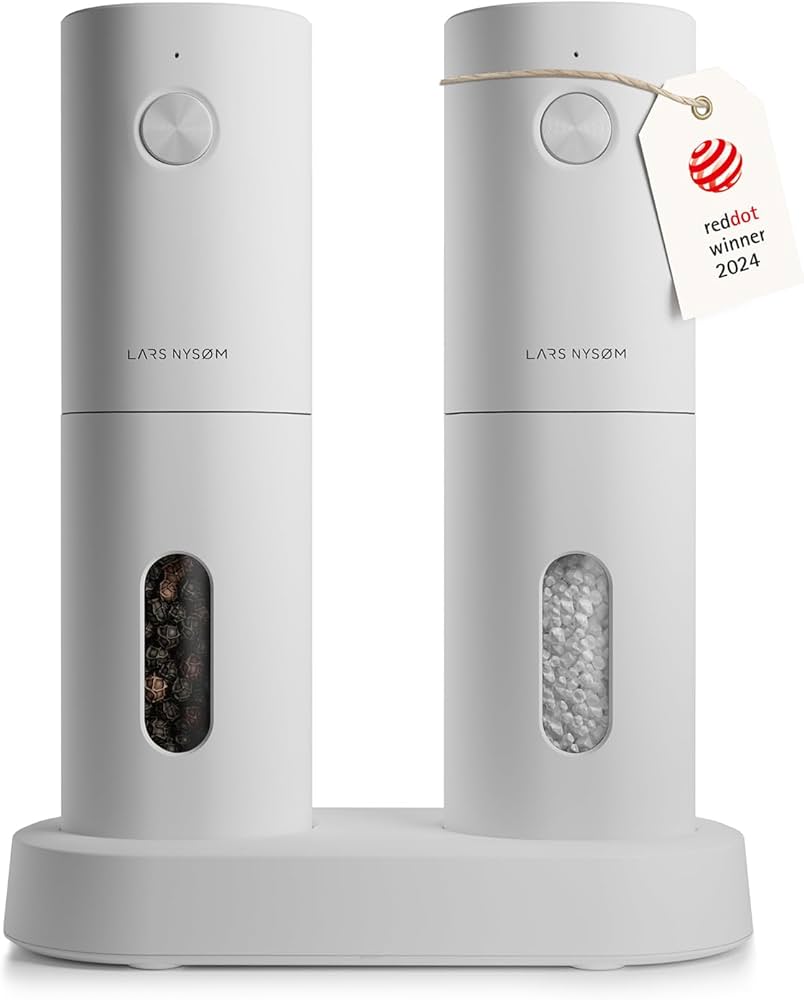 LARS NYSØM Electric Salt and Pepper Grinder Set I Automatic Salt and Pepper Mills with Adjustable Ceramic Grinder I USB Rechargeable Electric Spice Grinder Set (Pure White)