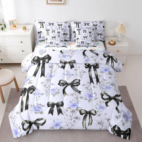 Image of Black Bow Tie Bed in a Bag King Size Comforter Set 7-Piece Boho Floral Pink Flowers Bedding Sets Cute Princess Bow Comforter and Sheet Set, Girly Ribbon Bowknot Room Decor,Kawaii Room Decor Aesthetic