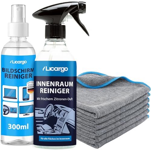 LICARGO® Reinigungsset Auto & Haushalt – Bildschirmreiniger 300ml + Innenraumreiniger Auto 500ml + 6x Mikrofasertücher 380GSM – Display Reiniger & Cockpitpflege Set für Monitor, Laptop, Haushalt