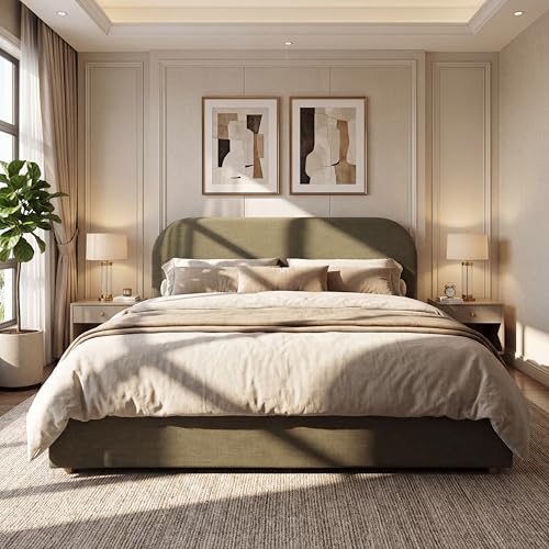 Christopher Knight Home Lanet Linen Upholstered King Size Bed Frame with Headboard Modern King Bed Frame and Headboard Wooden Slats Support Easy Assembly No Box Spring Needed Olive Green
