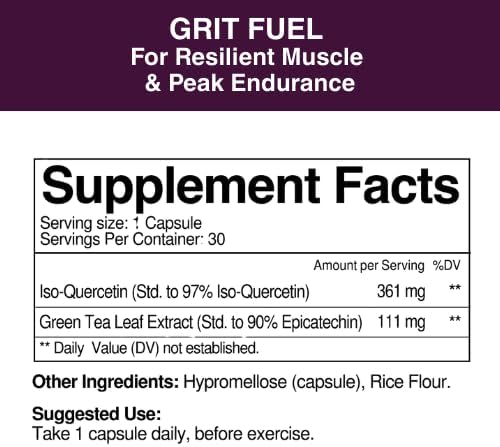 Grit Fuel Endurance Capsules - Epicatechin, Iso-Quercetin for VO₂ Max, Metabolism, Muscle Growth & Resilience - High Purity Antioxidant flavonoids, Run Cycle Swim Crossfit Cardio Gain - 30 day supply