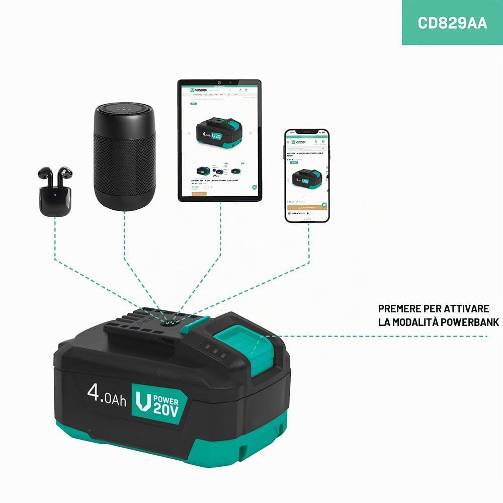 VONROC Batteria 20V - USB-C Bidirezionale, Power Delivery, Protezione Elettronica, Compatibile con Strumenti VONROC