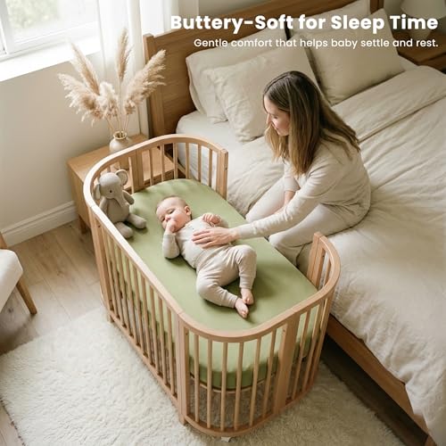 Image of Konssy 3 Pack Stretchy Bassinet Sheets for Baby Girl Boy, Soft Breathable Baby Bassinet Mattress Sheets Fit for Hourglass Oval Cradle, Moses Basket Rectangle Mattress (Garden Sage)