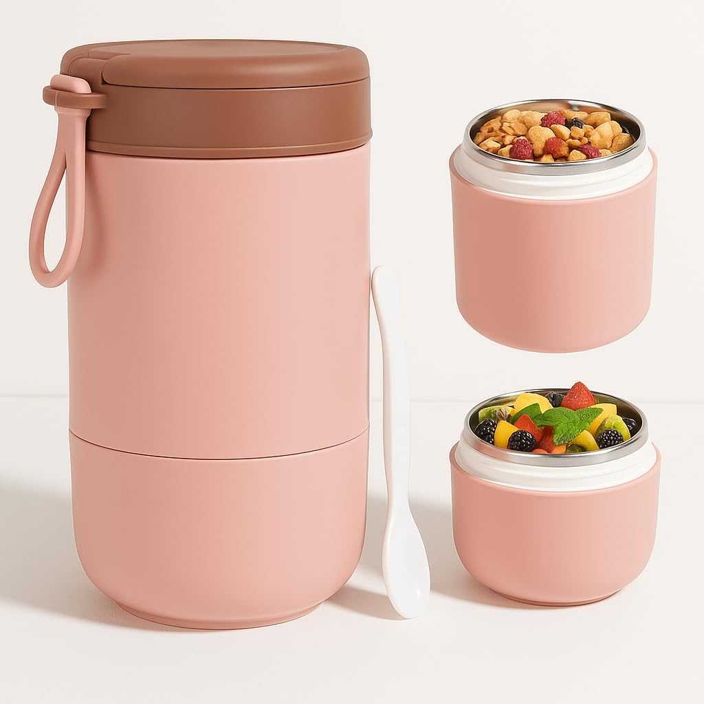 YELONA Stainless Steel Lunch Pot for Meals, Lunch, Tiffin Box for Men, Women, Kids Leakproof Meal Jar with Foldable Spoon for Office, School, College- Baby Pink, 730 ML