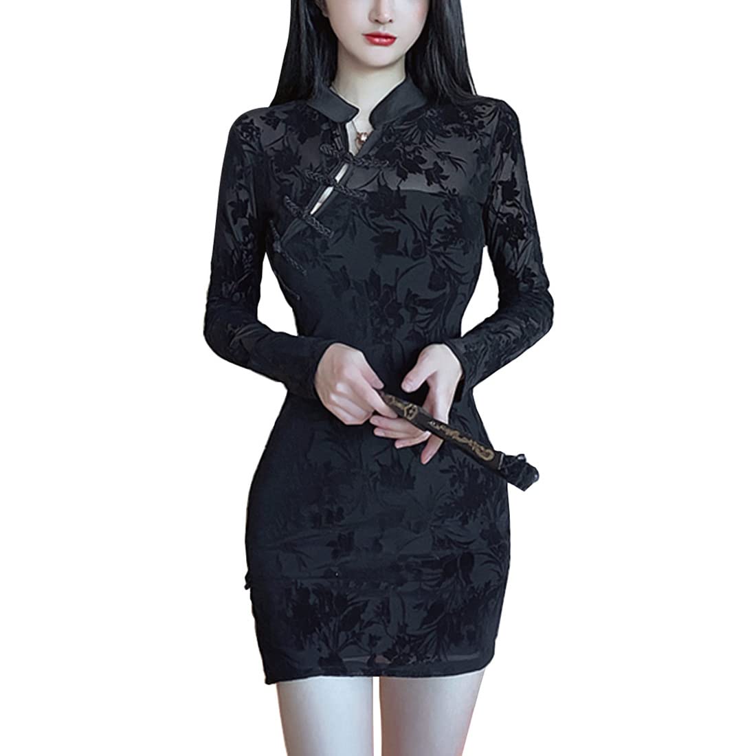 Women's Bodycon Mini Dress Sexy Cheongsam Chinese Style Side Slit Qipao Solid Color Vintage Dress