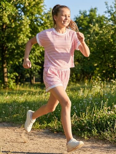 Image of Girls Summer Outfits Striped T-Shirt & Shorts Set for 5-14Y | Kids 2 Piece Clothing, Breathable Textured Tops and Bottoms with Pockets, Great for Casual Wear, School, Sports or Vacation