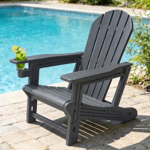 QuinnAndSunny Adirondack Garden Chair, HDPE Adirondack Chairs with Cup Holder, Outdoor Armchair Outdoor Fire Pit Chairs All-Weather Lawn Chair for Deck Patio Garden, Grey