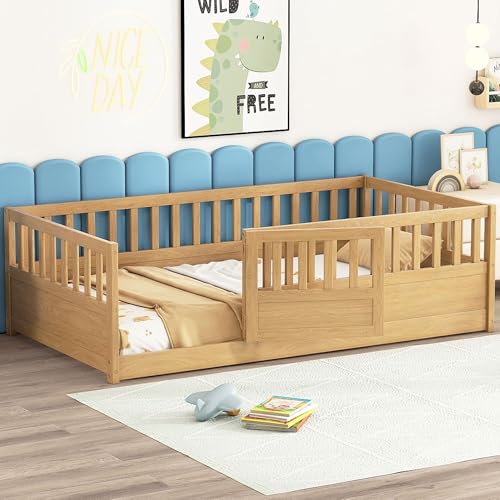 Twin Floor Bed with Slats, Twin Size Floor Bed with High Fence and Door, Montessori Floor Bed Twin Size, No Box Spring Needed, Easy Assemble Floor Bed, Wood Montessori Bed Twin Size(Natural Twin)