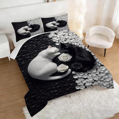 Image of Rose Cat Comforter Set Full Size Cute Black and White Animal Bedding Sets for Girls Boys Kids Adults Bedroom Decor Lover Romantic Quilt 1 Comforter 2 Pillowcases