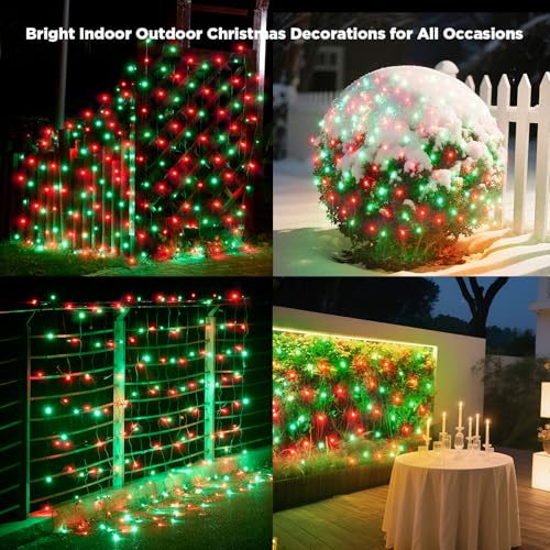 Image of Led Net Lights Christmas Lights Outdoor 200Led 9ftx6ft Upgraded Red and Green Christmas Net Lighting, Waterproof 5mm LED Wide Angle Outdoor Indoor Mesh Net Light for Trees, Bushes, Shrubs Decorations