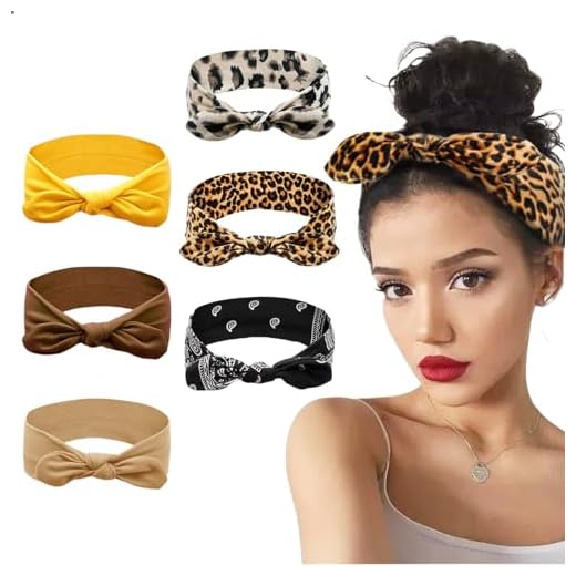 Nayyana Paquete de 6 diademas elásticas para mujer, diadema con estampado de leopardo, diadema anudada, turbante, moda, orejas de conejo, accesorios deportivos para el cabello