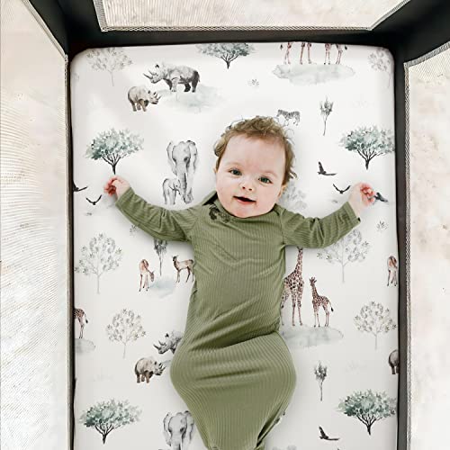Stretchy Ultra Soft Jersey Knit Fitted Pack N Play Sheets Set 2 Pack, Portable/Mini Crib Sheets For Boys And Girls, Stylish Playard Sheets Fitted Safe And Snug, African Savannah Animals Pattern #TOP2