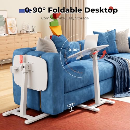 Image of JOY worker Low Height Small Mobile Standing Desk for Couch, Height Adjustable TV Tray Table with 90 Foldable MDF Desktop, Portable Laptop Desk with Low Base & Lockable Hidden Casters, White