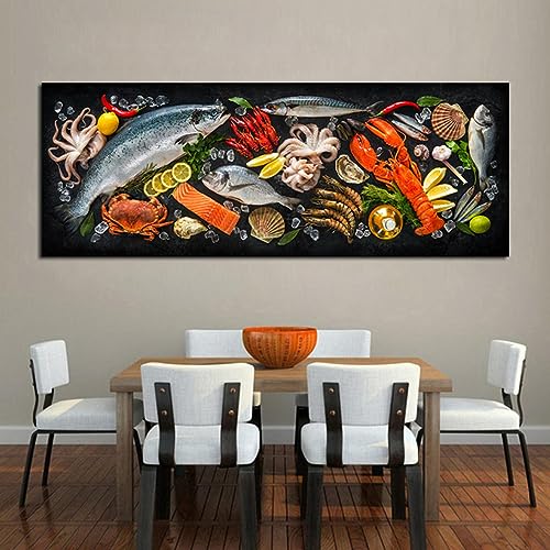 Peinture poissons et fruits de mer KEBIA : toile art décoration murale cuisine 40x120cm