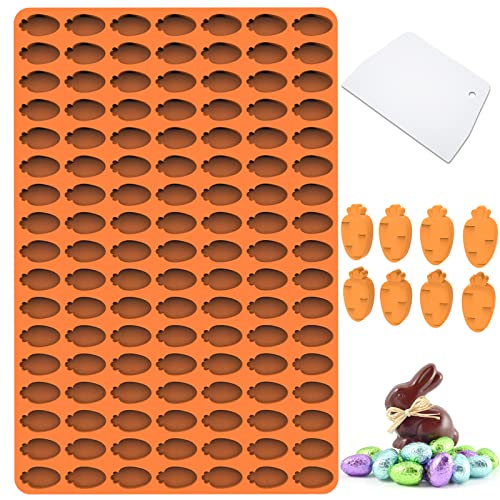 Amyandone Mini moldes de silicona de zanahoria, 119 cavidades, moldes de Pascua para chocolate/caramelos/gomitas, moldes de grado alimenticio para aperitivos caseros/decoración de cupcakes (con un