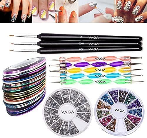 Nail Art Accessories Set 5 Double Ended Dotting Marbling Tools and 3 Detailer Brushes Rhinestones Gemstones Decorations in 10 Striping Tapes