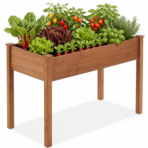 Image of DUMOS Raised Garden Bed 48x24x30 Inch, Outdoor Planter Box with Legs, Elevated Wood Garden Bed with Liner for Herbs Flowers Vegetables, Wooden Planter Box for Patio, Balcony and Backyard, Brown