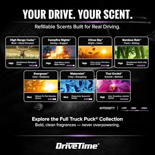 Image of Drive Time Truck Puck Thai Orchid Fragrancee Car Air Freshener - Long-Lasting Car Deodorizer, Refillable Vent & Visor Clip Auto Air Freshener for Car, Truck & SUV, Premium Fragrance, Pack of 3