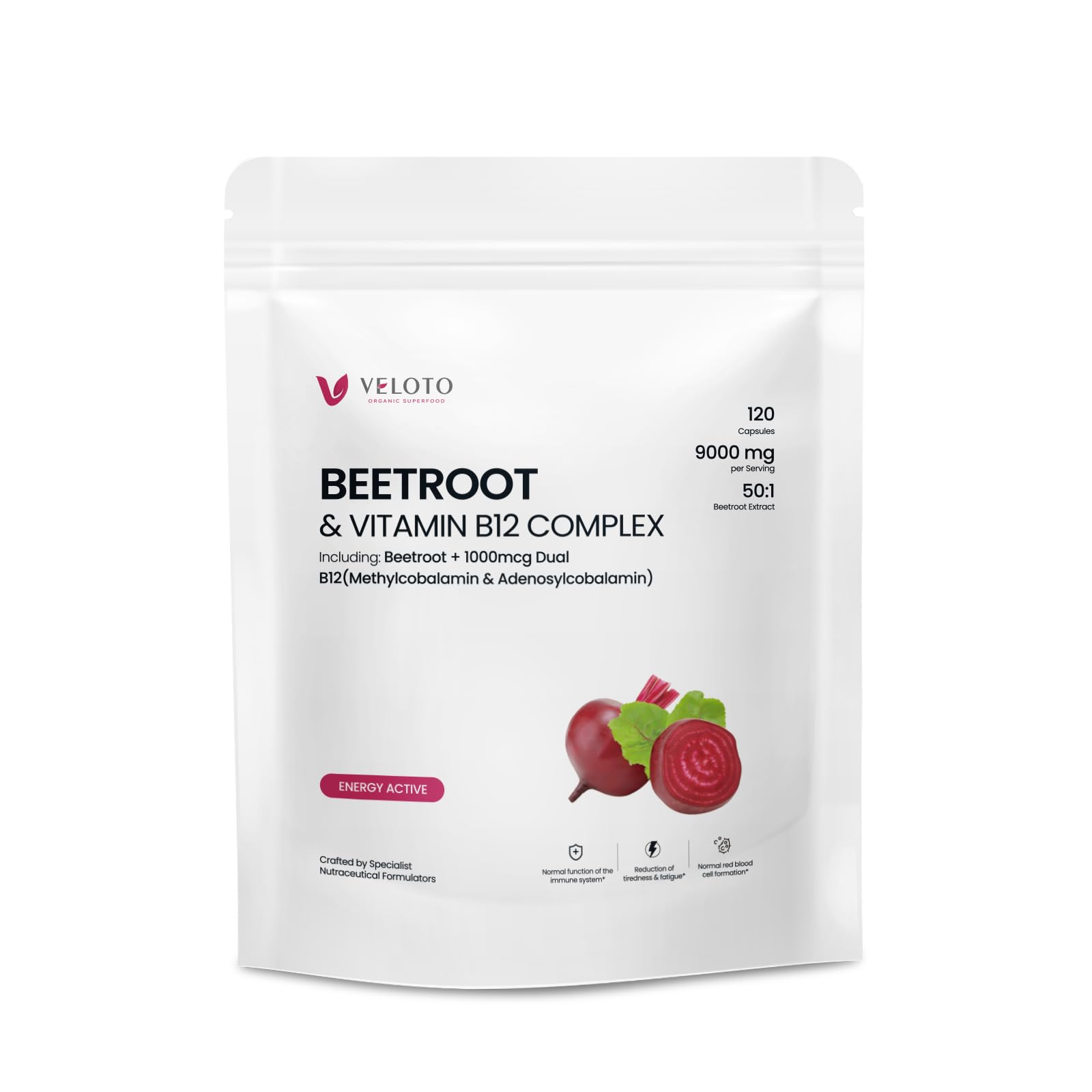 VELOTO Beet Root Capsules 9000mg+1000mcg Dual Active Vitamin B12, 120 Caps.